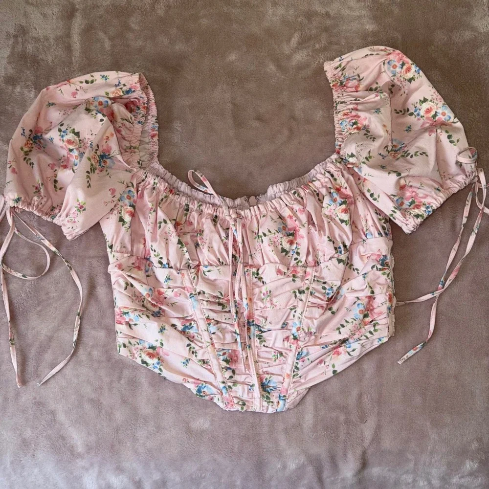 House of CB Gracie Pink Floral Corset Top Puff Sleeve Ruched Bust Size L